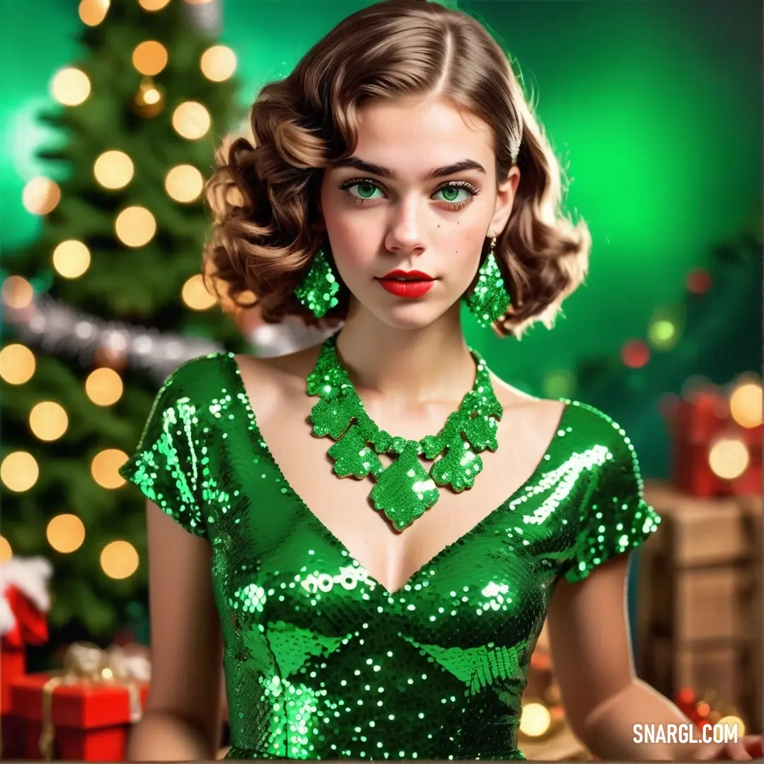 PANTONE 2258 color. Woman in a green dress with a christmas tree in the background