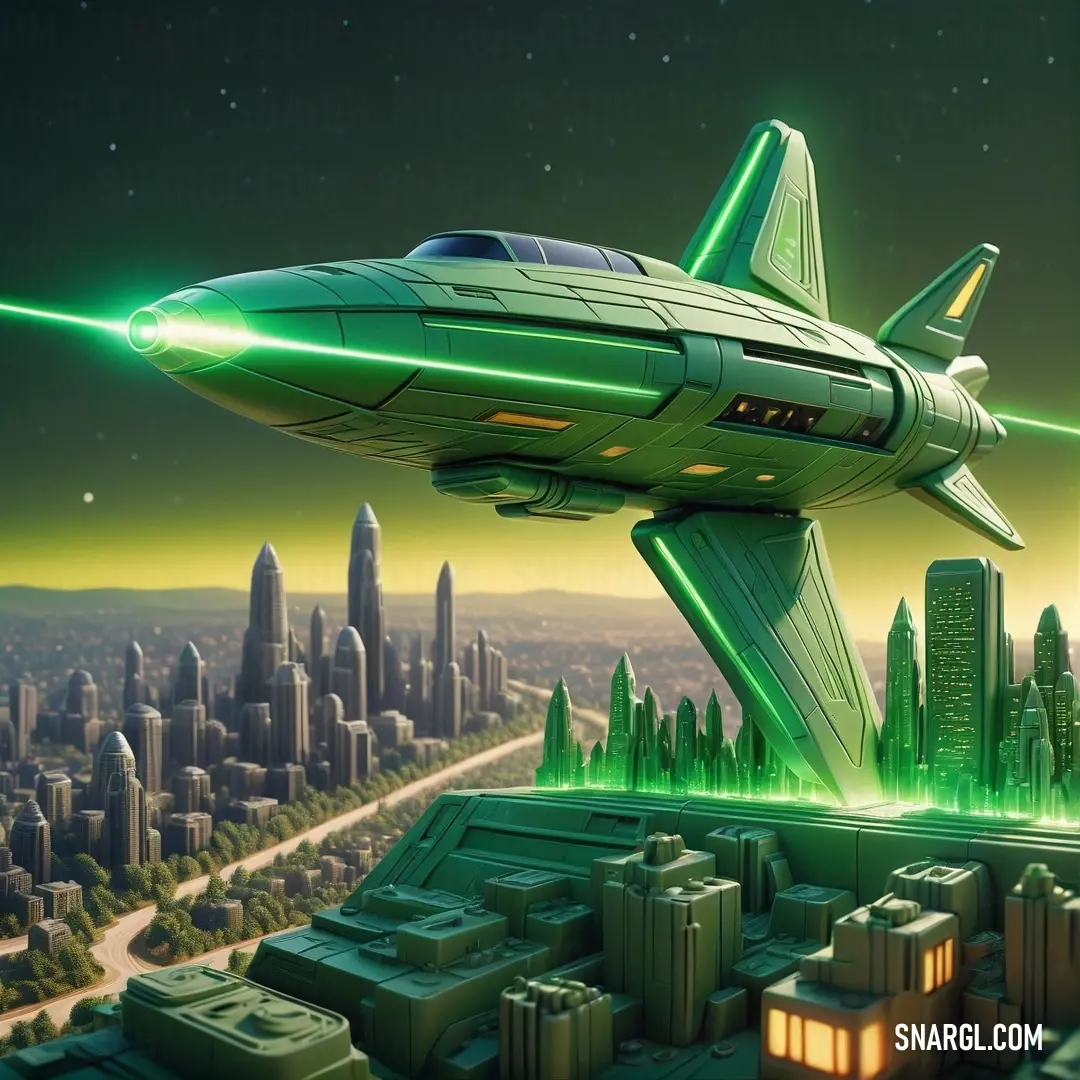 Futuristic city with a green plane flying over it and a green laser light coming from the bottom of the plane. Color RGB 24,115,41.
