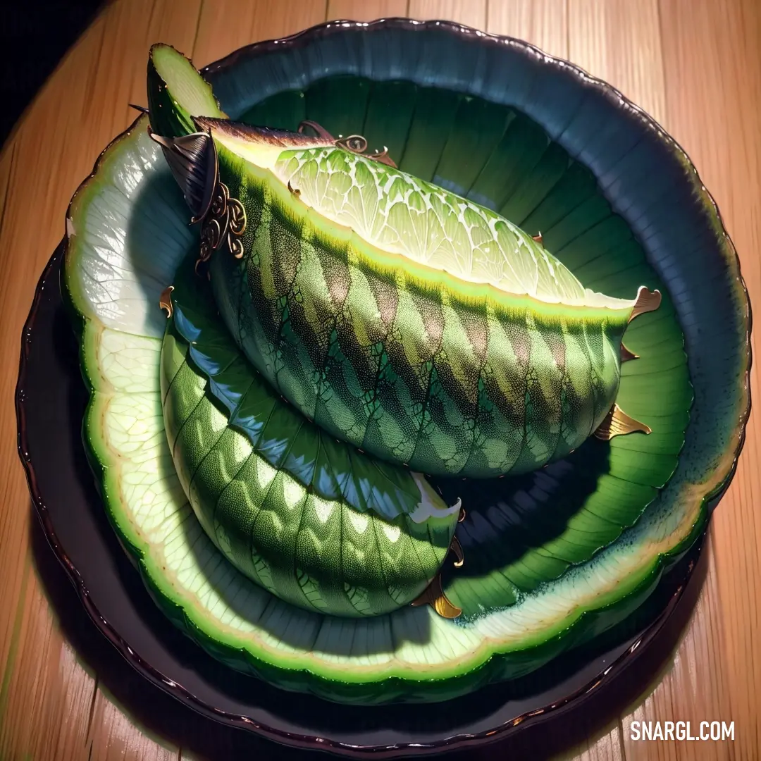 Green plate with a bunch of bananas on it on a table top with a wooden table top behind it. Color RGB 24,115,41.
