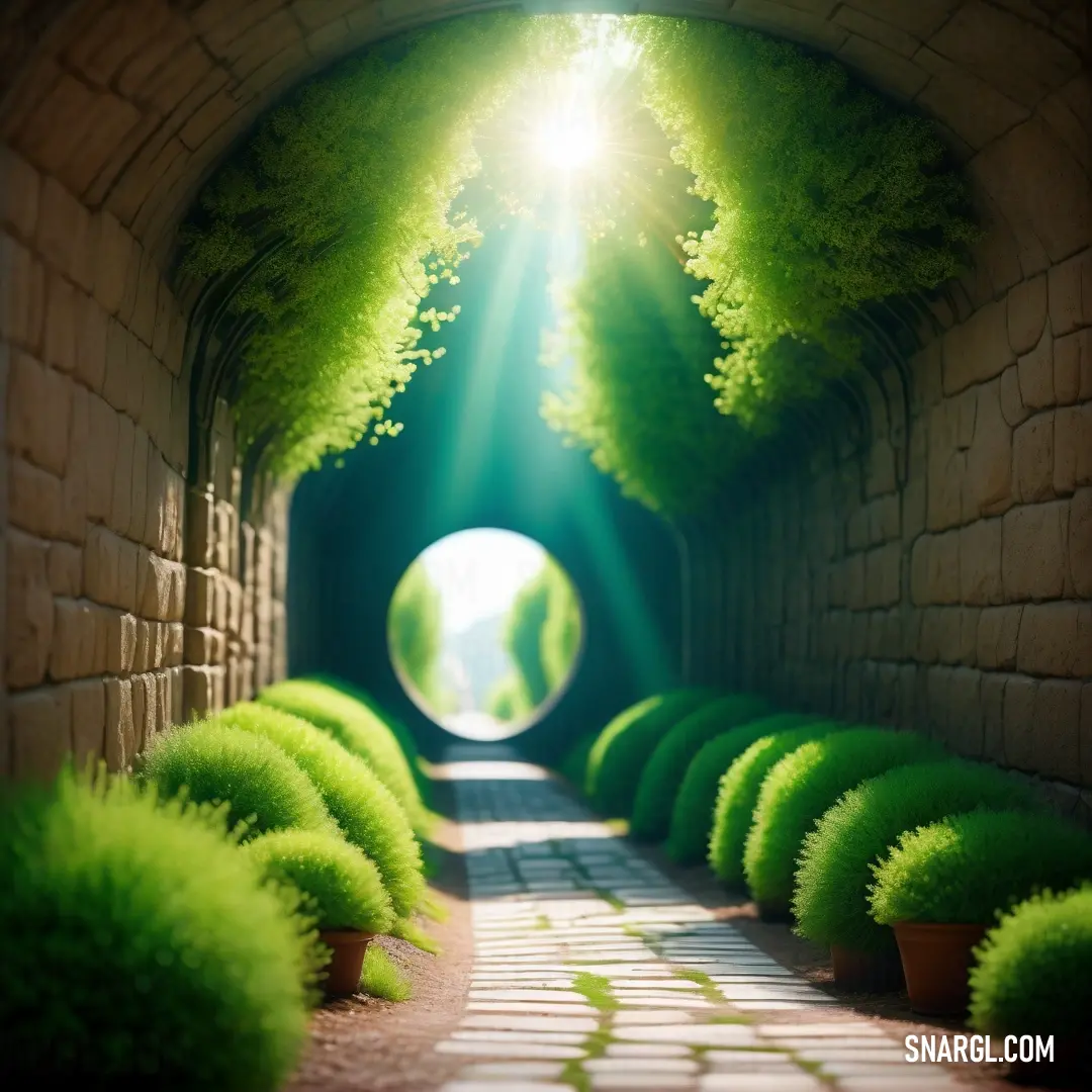 Tunnel with a light at the end of it and a pathway leading to it with green plants on either side. Color PANTONE 2259.