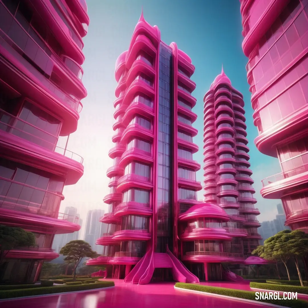 Futuristic city with pink buildings and a pool in the middle of it. Color CMYK 0,100,2,0.