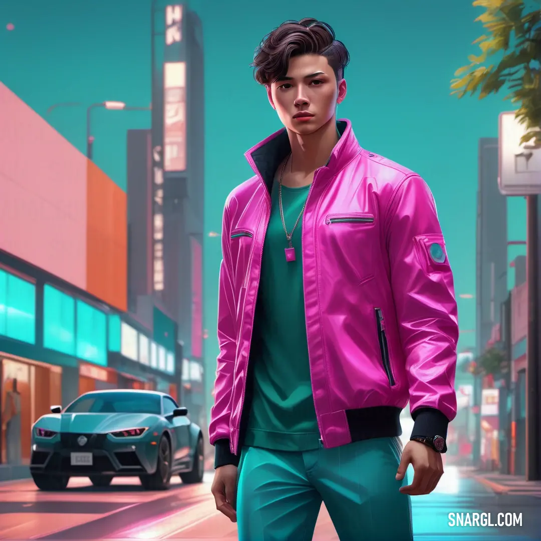 Man in a pink jacket and green pants standing in front of a car on a city street at night. Color CMYK 0,100,2,0.