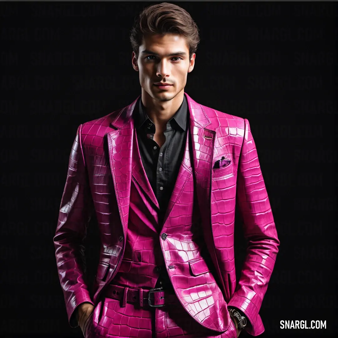 Man in a pink suit and black shirt standing in front of a black background. Color #D70C7A.