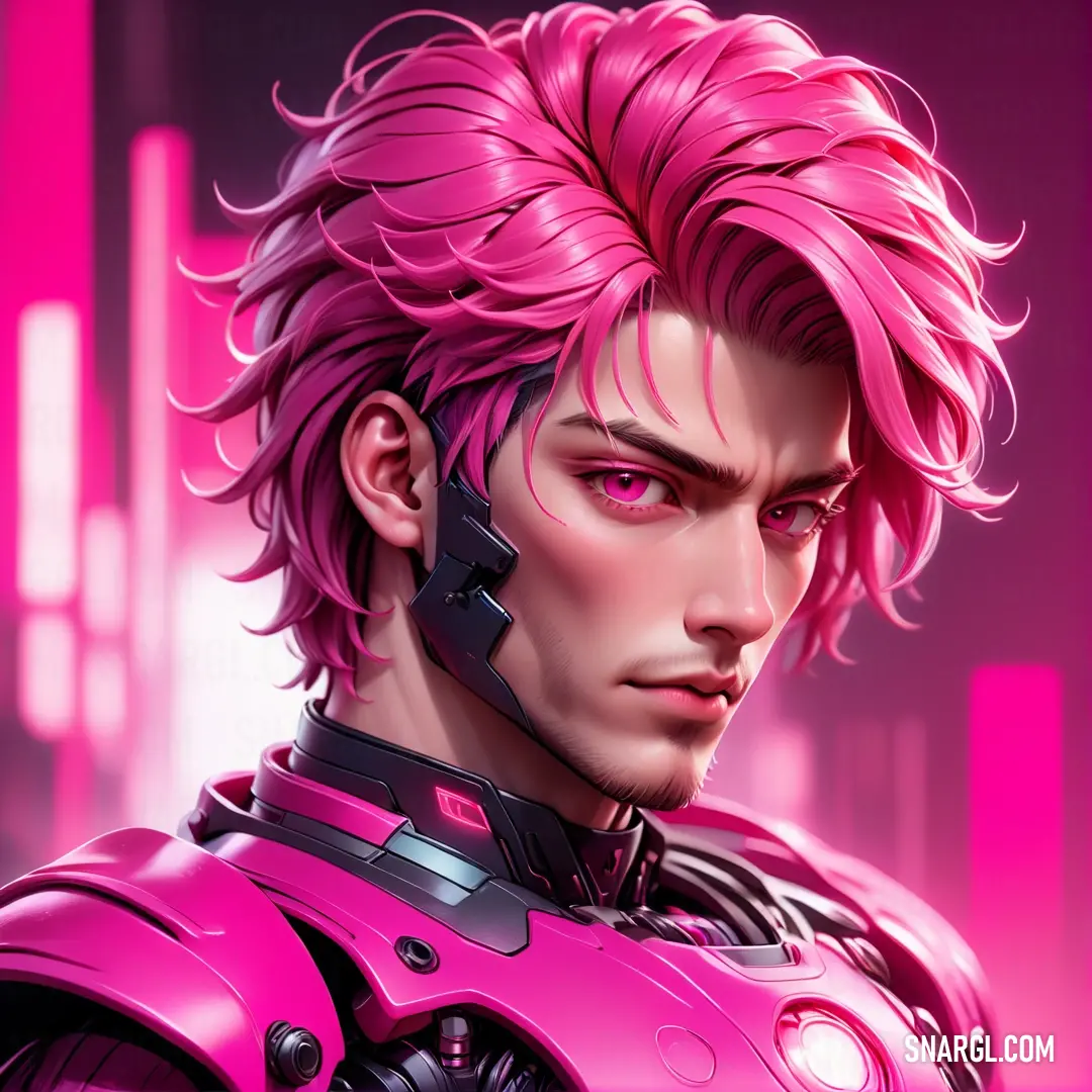 Man with pink hair and a pink suit on his face and a pink background. Example of PANTONE 226 color.