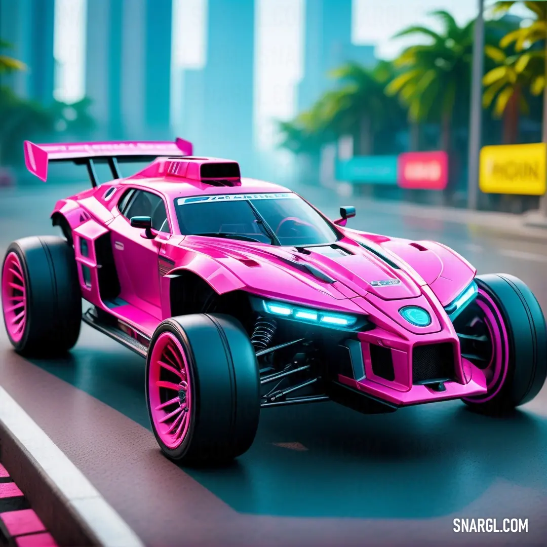 PANTONE 226 color example: Pink toy car driving down a street next to tall buildings and palm trees in the background
