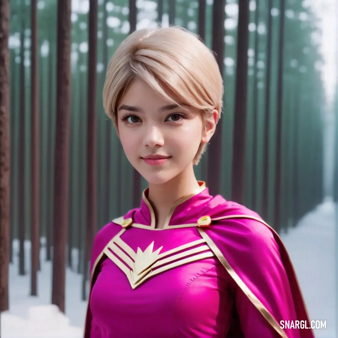 Woman in a pink outfit standing in front of a forest with trees and snow on the ground and wearing a red cape. Example of RGB 215,12,122 color.