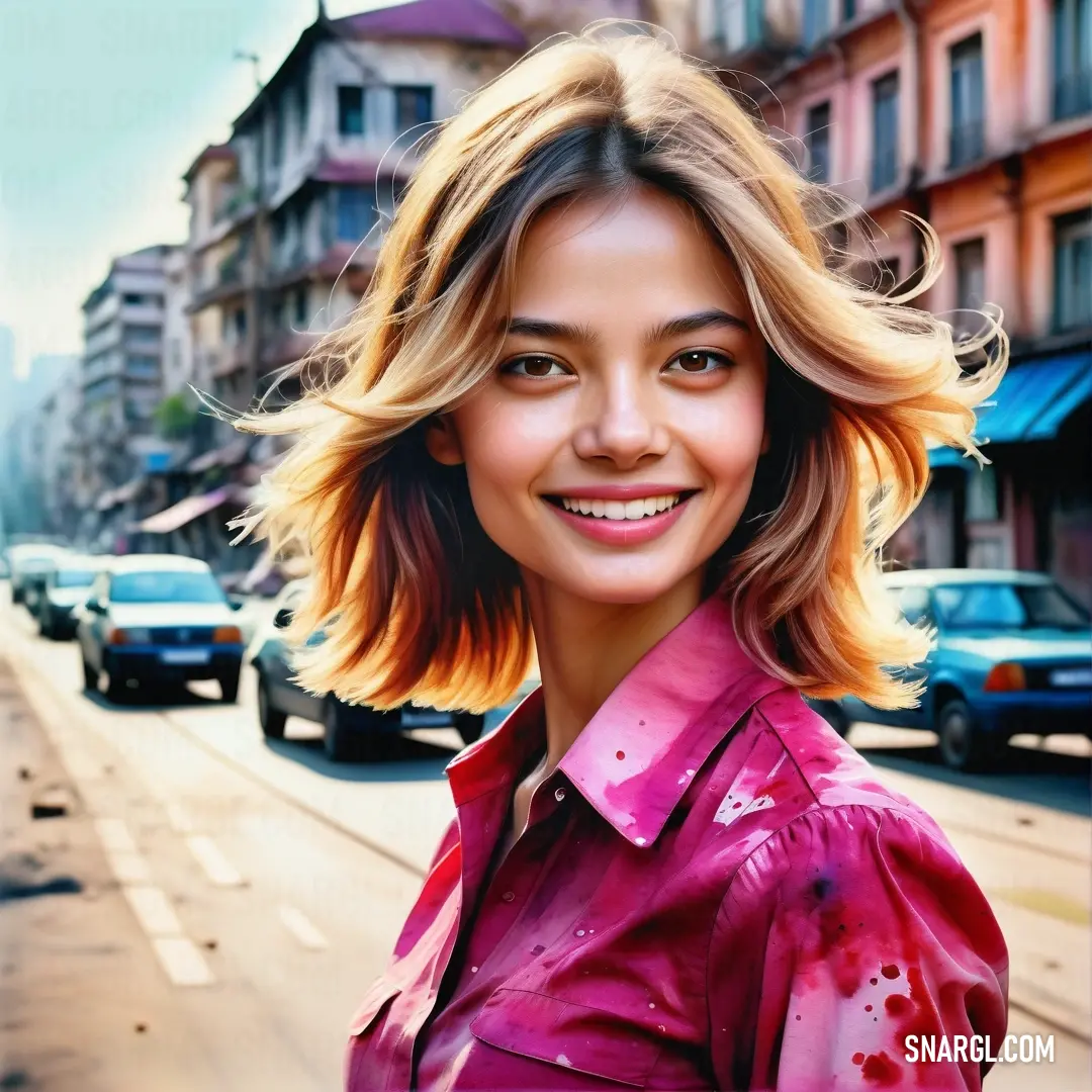 PANTONE 226 color example: Woman with blonde hair and a pink shirt is smiling at the camera while standing in front of a street