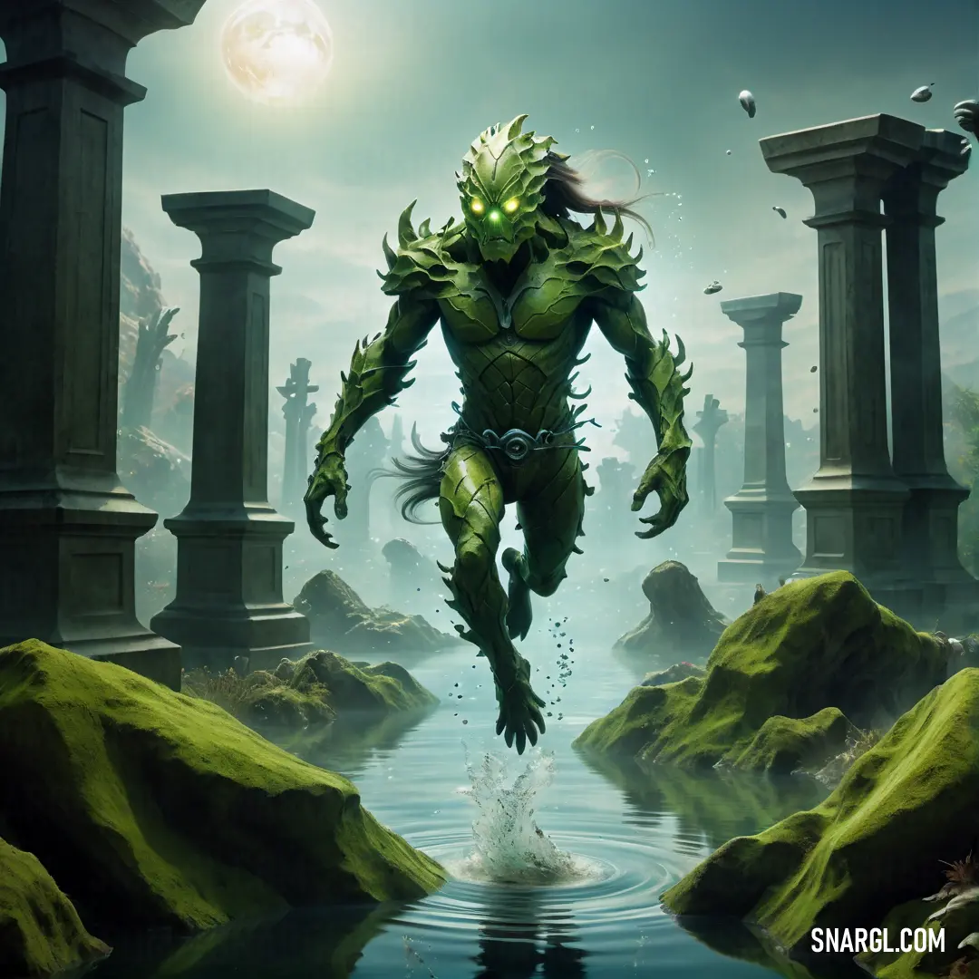 Creature is standing in the water surrounded by pillars and pillars with a full moon in the background. Example of PANTONE 2260 color.