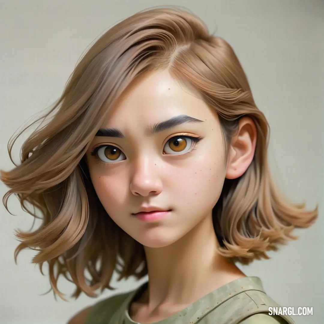 Digital painting of a woman with a wavy haircut and brown eyes. Example of CMYK 31,0,39,0 color.