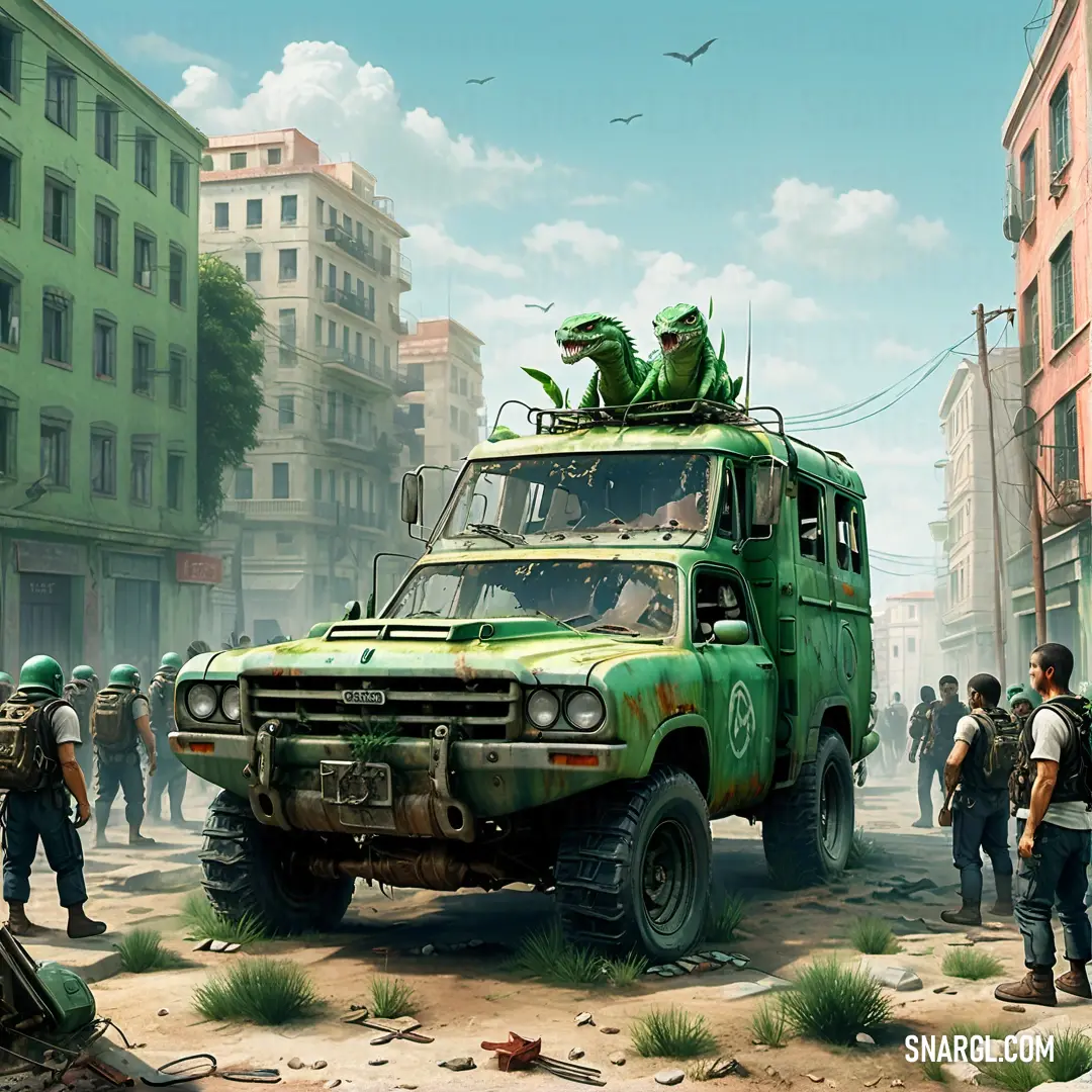 Green truck with a bunch of people standing around it in a city street with buildings and people walking around