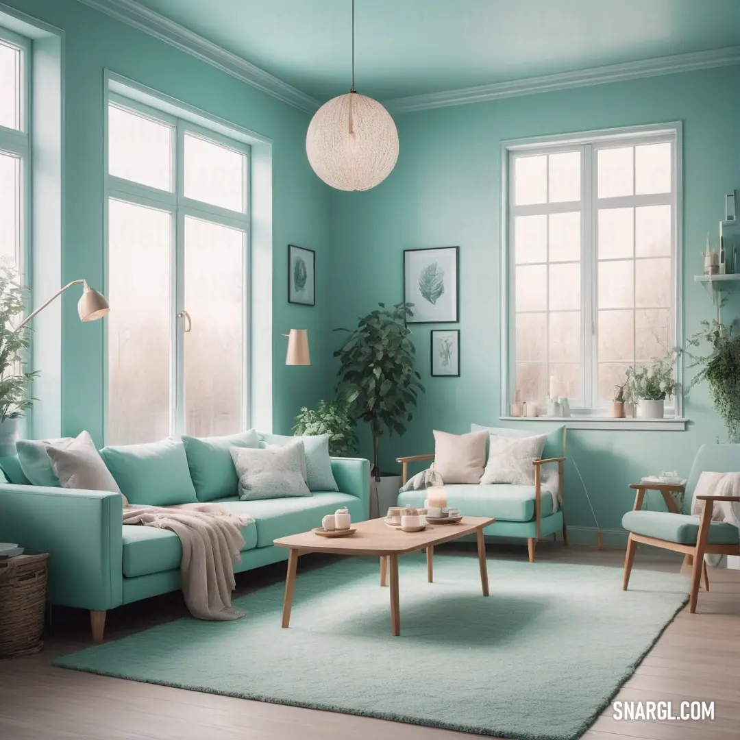Living room with a blue couch and a green rug on the floor and a table with a plant. Color RGB 184,210,163.
