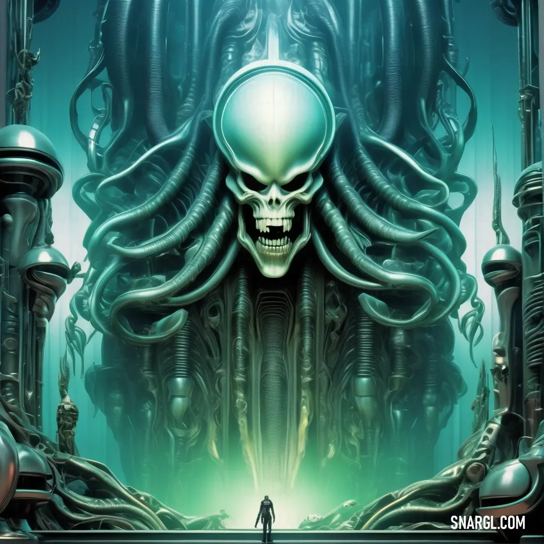 Man standing in front of a giant alien head with tentacles on it's face and a giant alien head in the background
