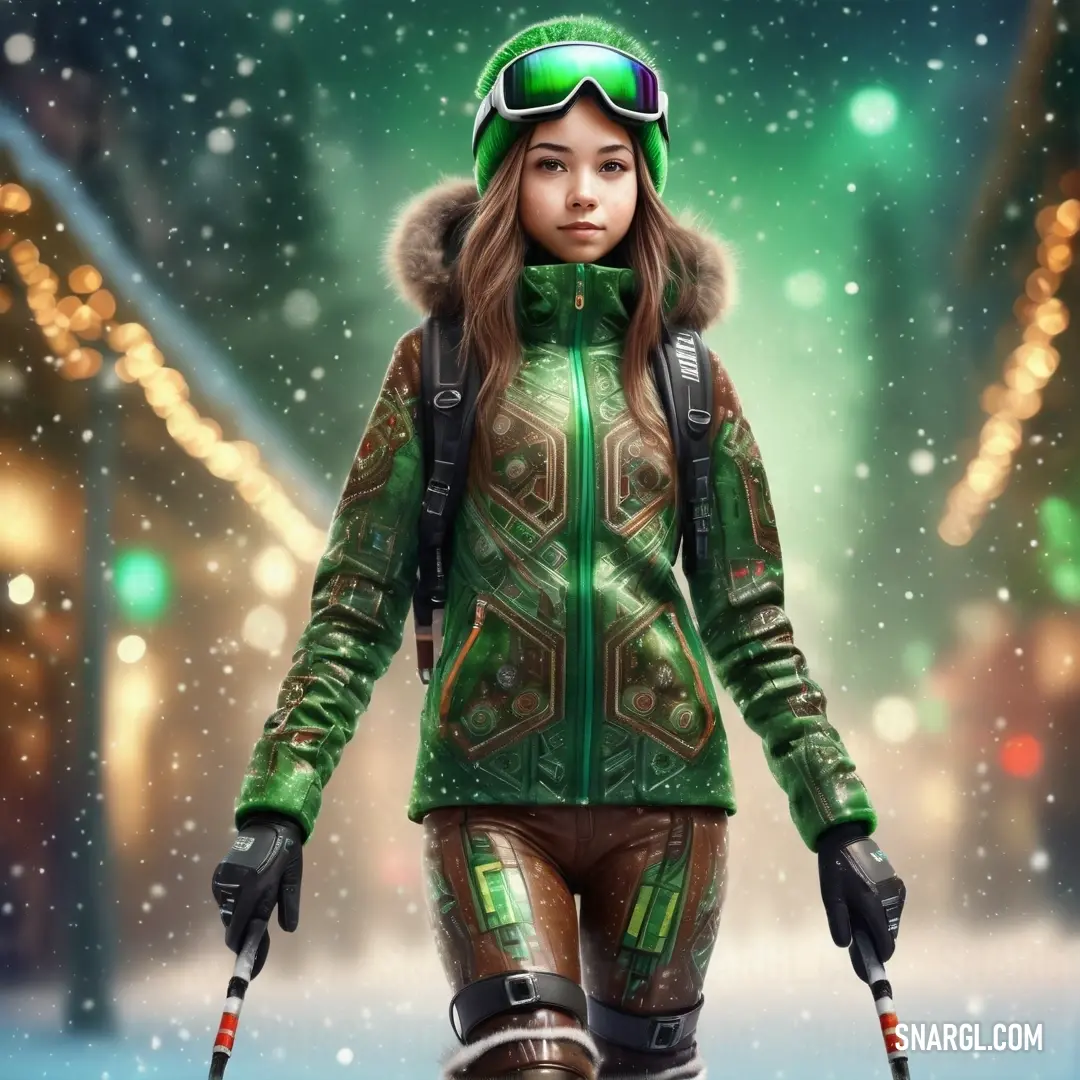 Woman in a green jacket and goggles holding skis and poles in the snow with lights behind her. Color RGB 184,210,163.