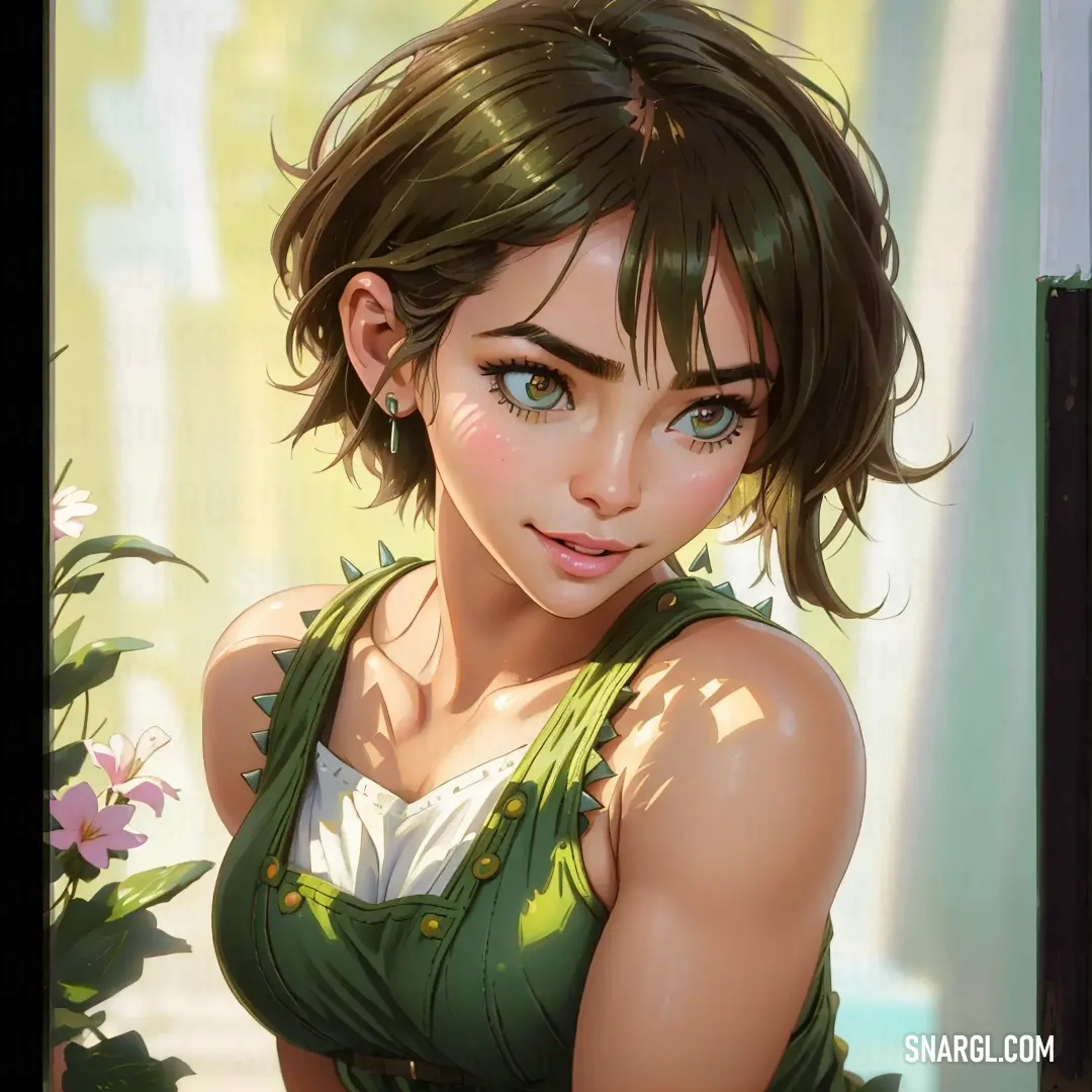 Woman with green hair and a green dress is posing for a picture with flowers in the background. Color #B8D2A3.