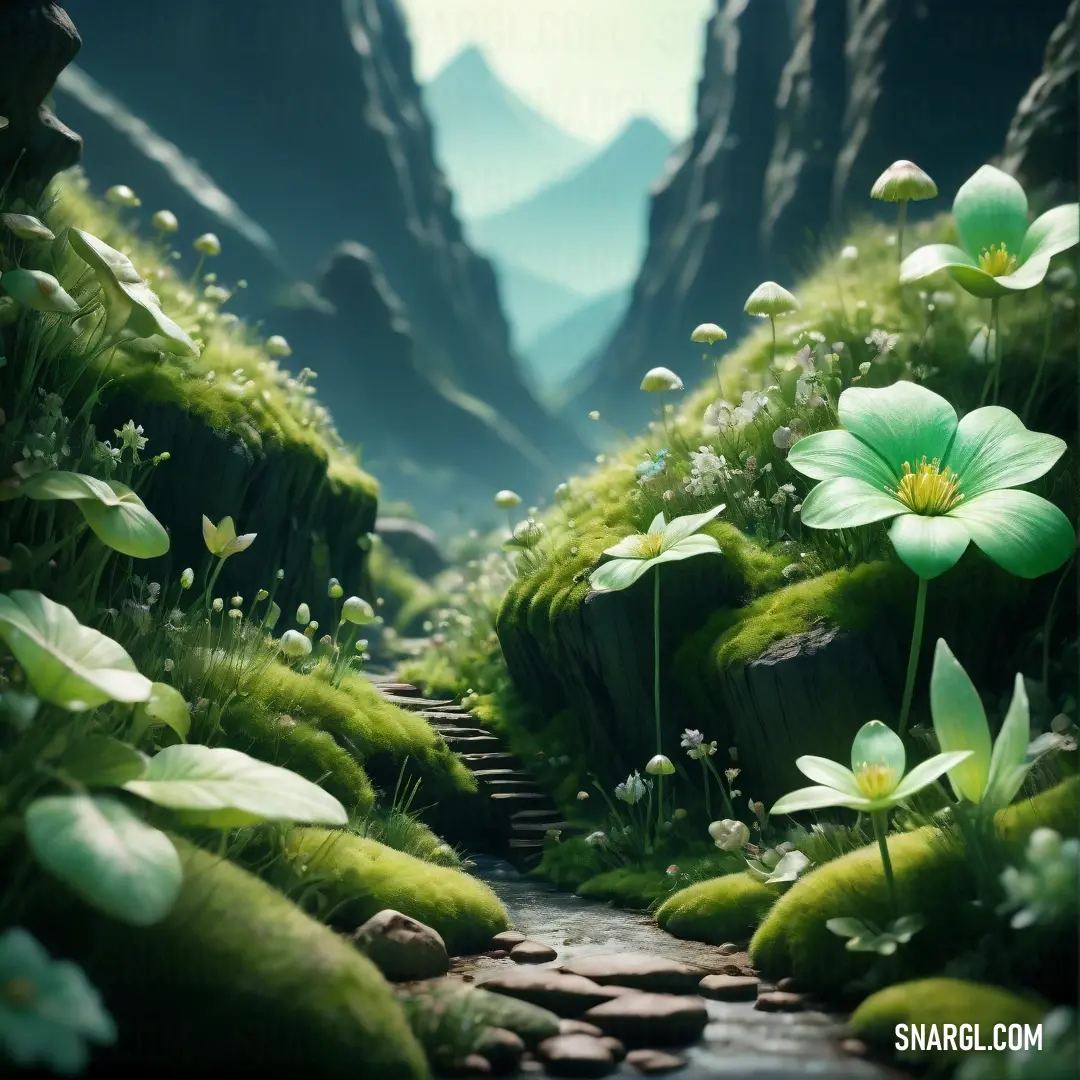 PANTONE 2261 color example: Path with flowers and moss growing on the rocks and grass on the ground