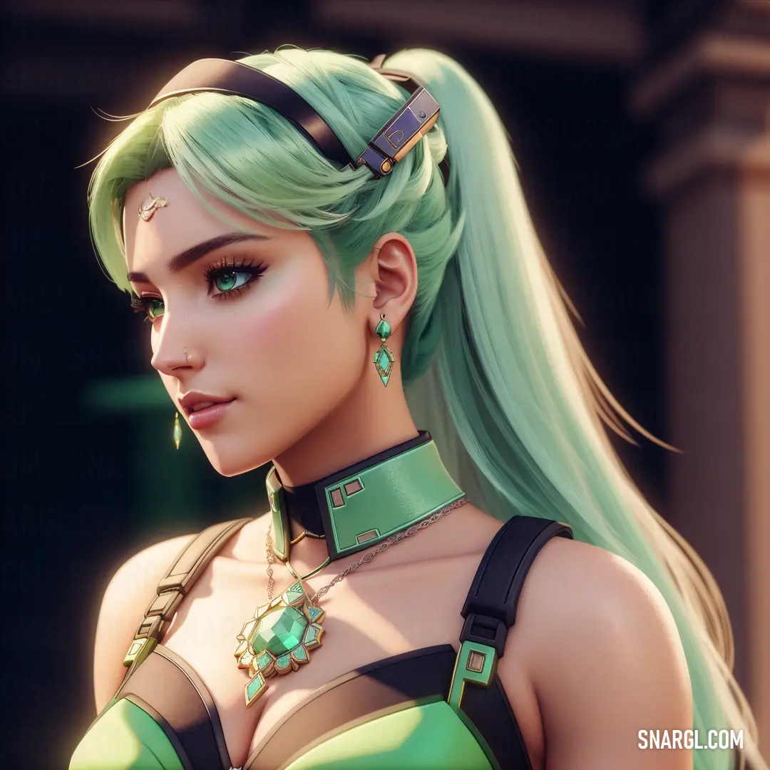 Woman with green hair and a green outfit with a green collar and earrings on her neck and a green hair. Example of #99BE8A color.