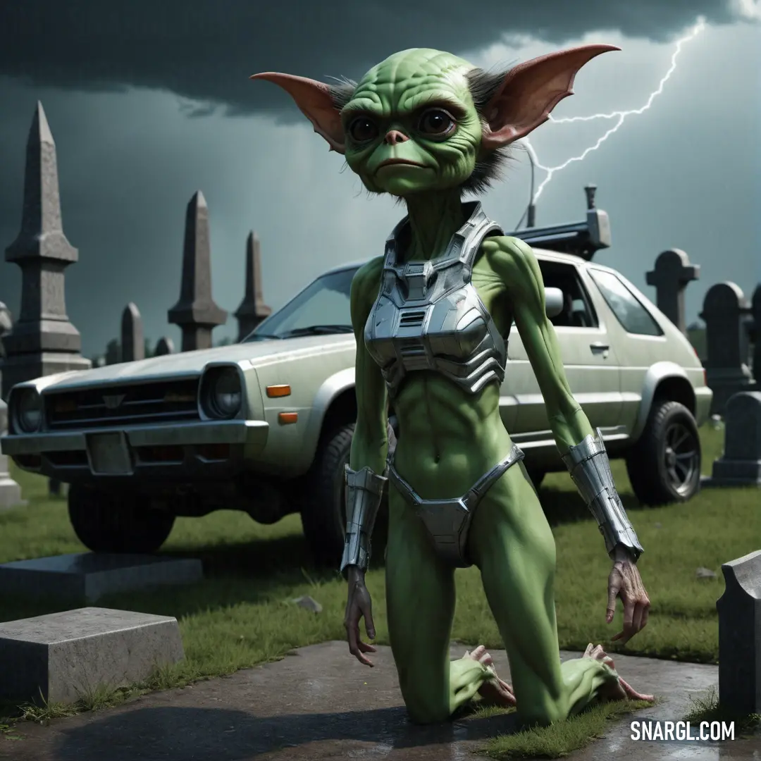 PANTONE 2262 color. Green alien standing in front of a car on a cemetery with a lightning in the background