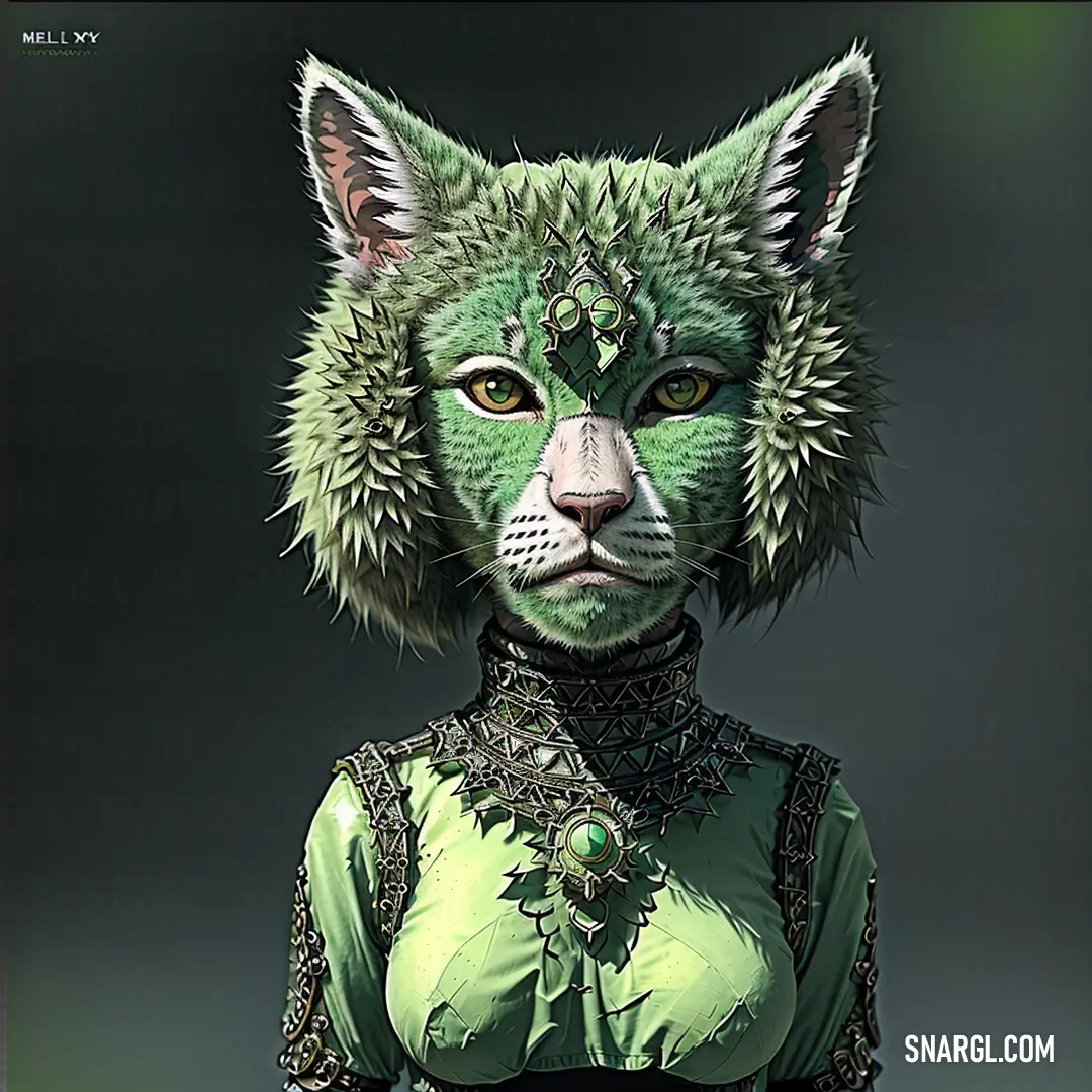 Green cat with a green dress and a green collar and headpiece with spikes on it's ears. Color PANTONE 2262.