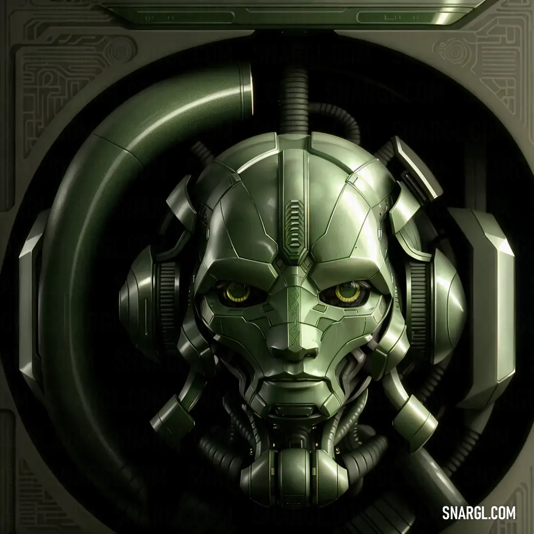 Green robot with a yellow eyes and a helmet on it's head is surrounded by a circular metal object. Color #84AD74.