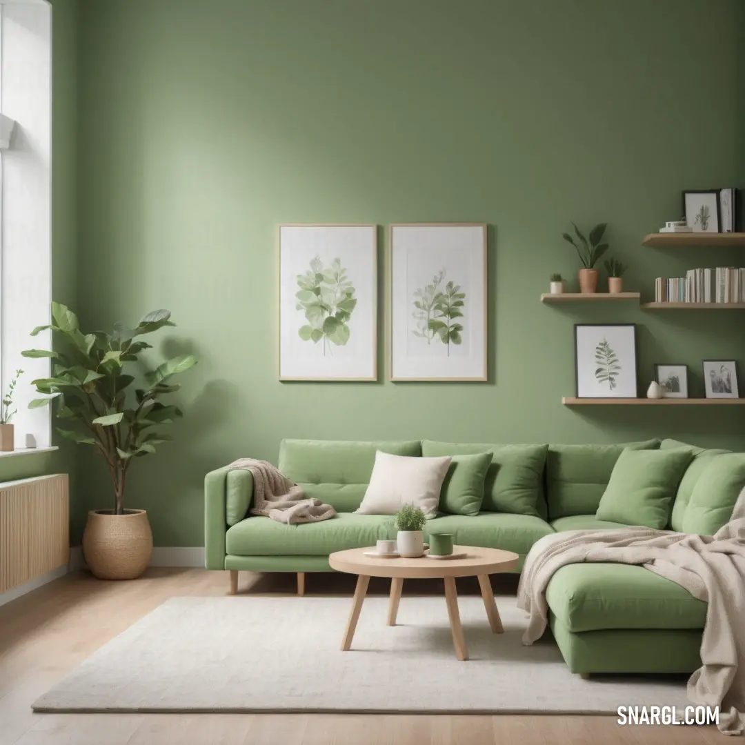Living room with a green couch and a coffee table in front of a window with a plant on it. Example of CMYK 54,9,62,2 color.