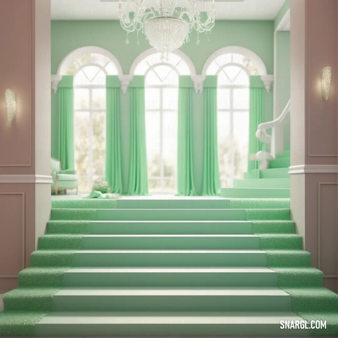 Set of stairs leading to a green room with a chandelier and a chandelier hanging from the ceiling. Example of RGB 132,173,116 color.