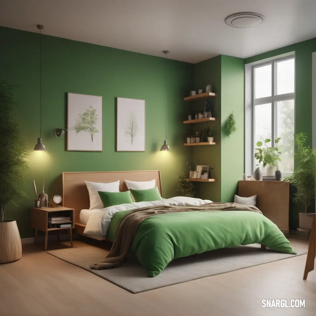 Bedroom with green walls and a bed with green sheets and pillows and a wooden floor and a wooden table with a lamp
