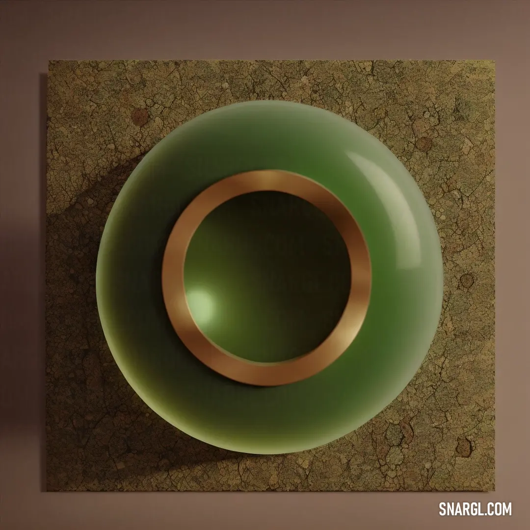 Green and gold object on a brown wall with a brown background. Color RGB 106,152,96.