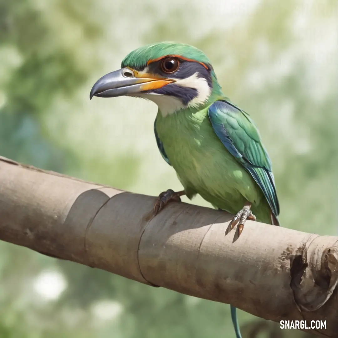 Green bird with a blue and yellow beak on a branch of a tree with a blurry background. Color #6A9860.