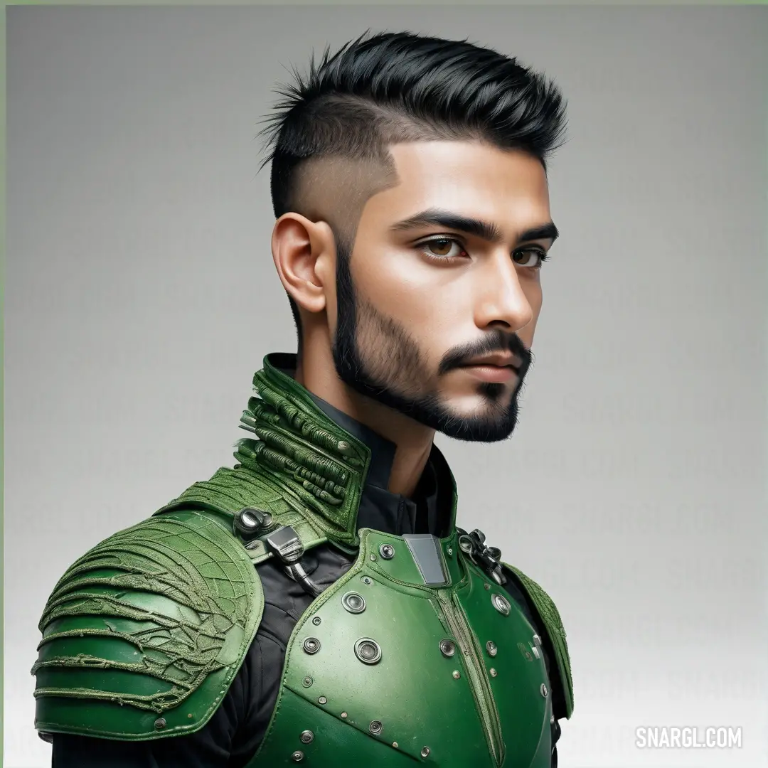 Man with a beard and a green leather jacket on his shoulders and a black haircut with spiked spikes. Color #6A9860.
