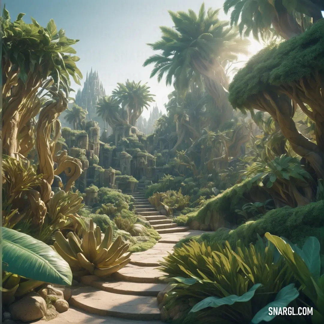 Pathway in a tropical setting with palm trees and plants on either side of it and a stone path leading up to the top