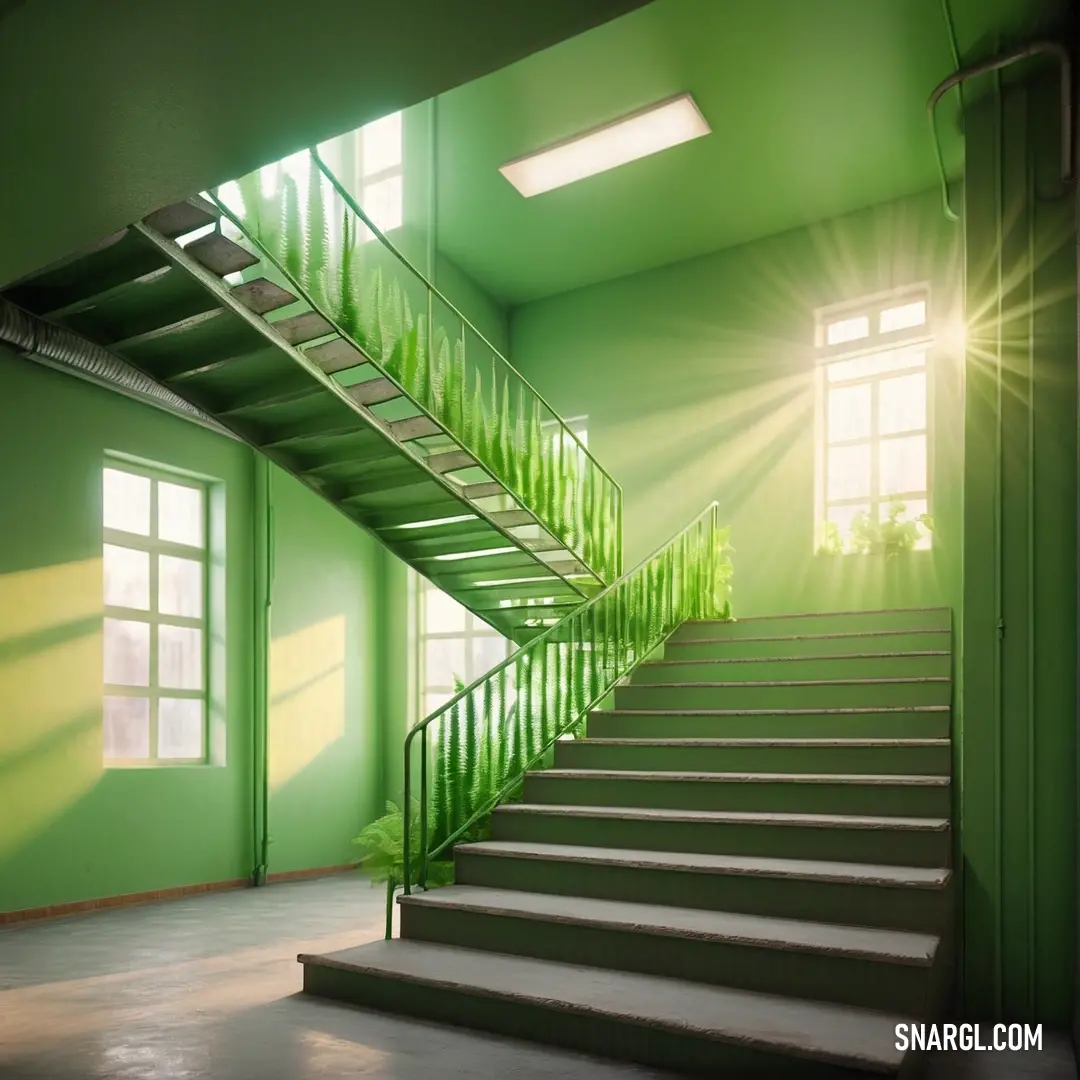 Staircase leading to a bright green room with a bright window and a plant in the corner of the room. Example of RGB 106,152,96 color.
