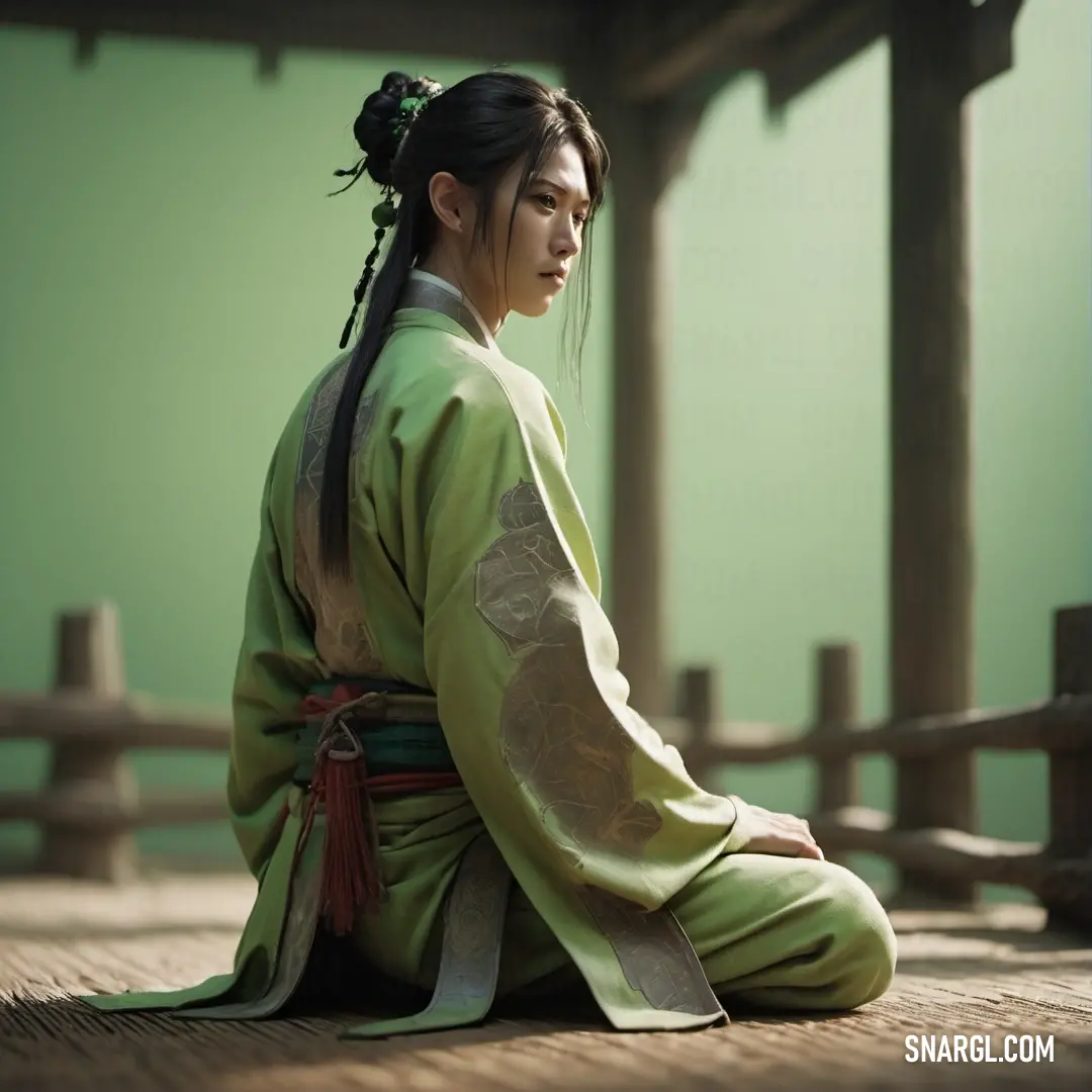 Woman in a green kimono on a wooden floor in front of a green wall and a wooden fence. Color PANTONE 2264.