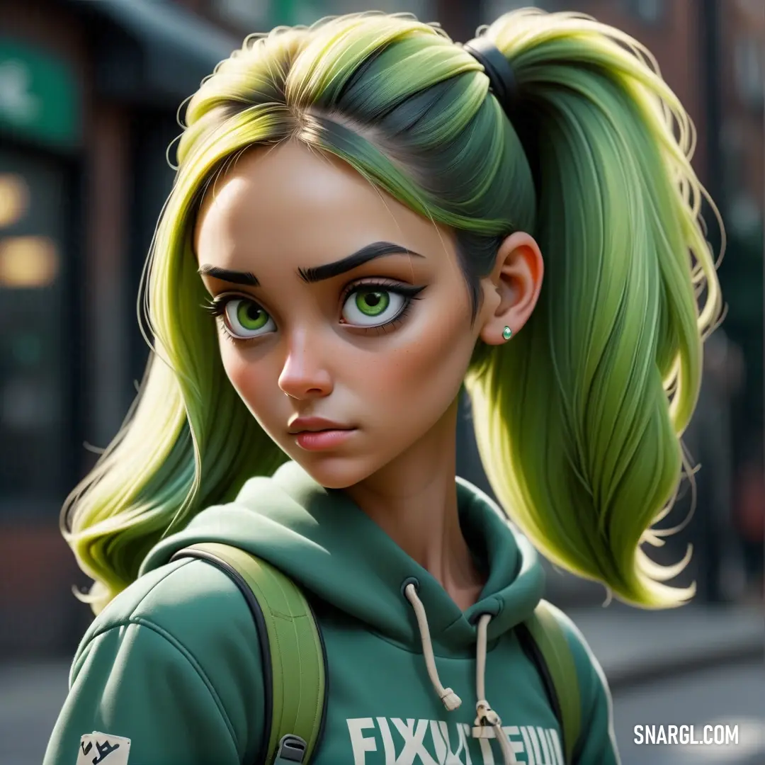 Digital painting of a woman with green hair and green eyes and a green sweatshirt on a city street. Example of RGB 68,118,60 color.