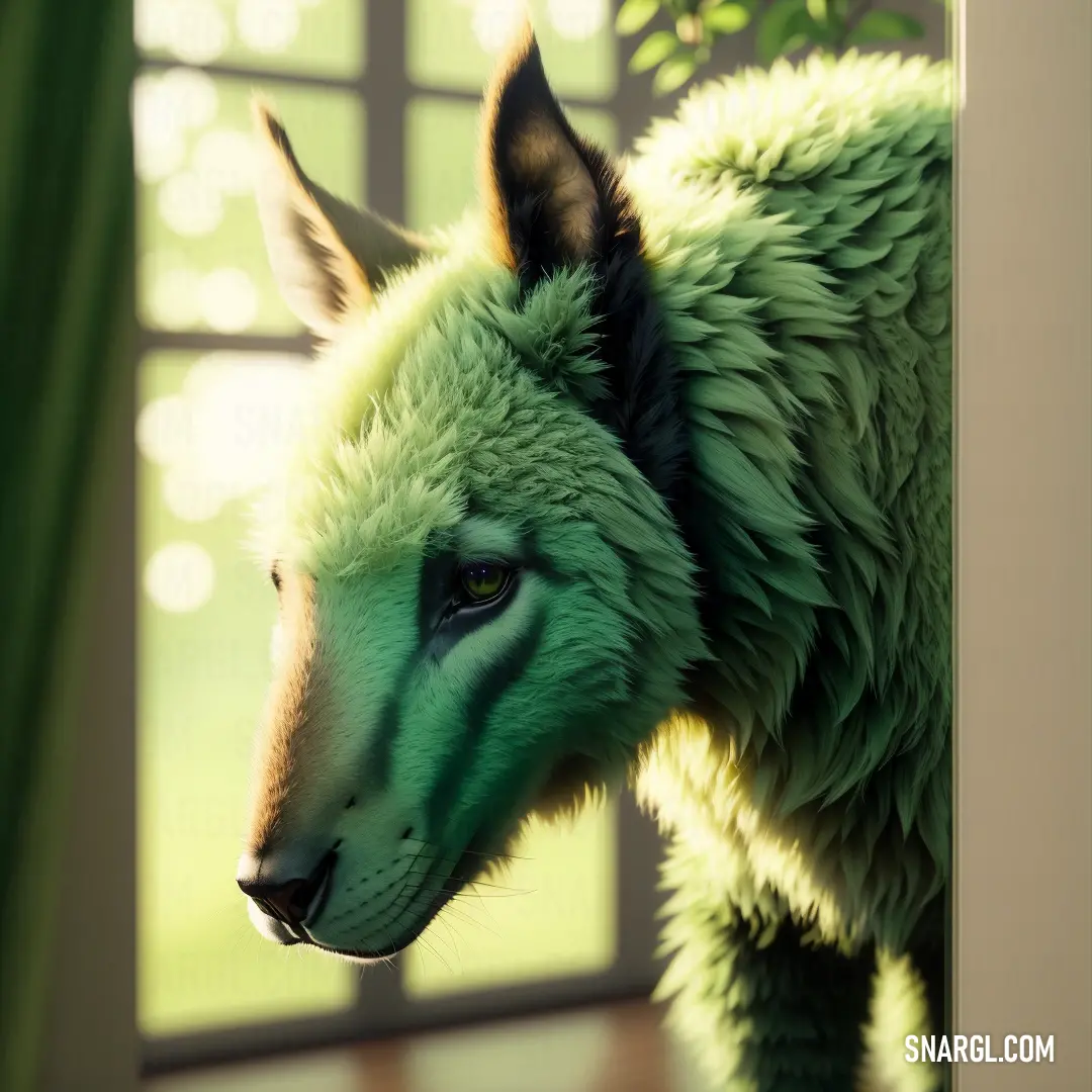 Green and black wolf standing next to a window with a green curtain behind it. Example of CMYK 73,12,89,34 color.