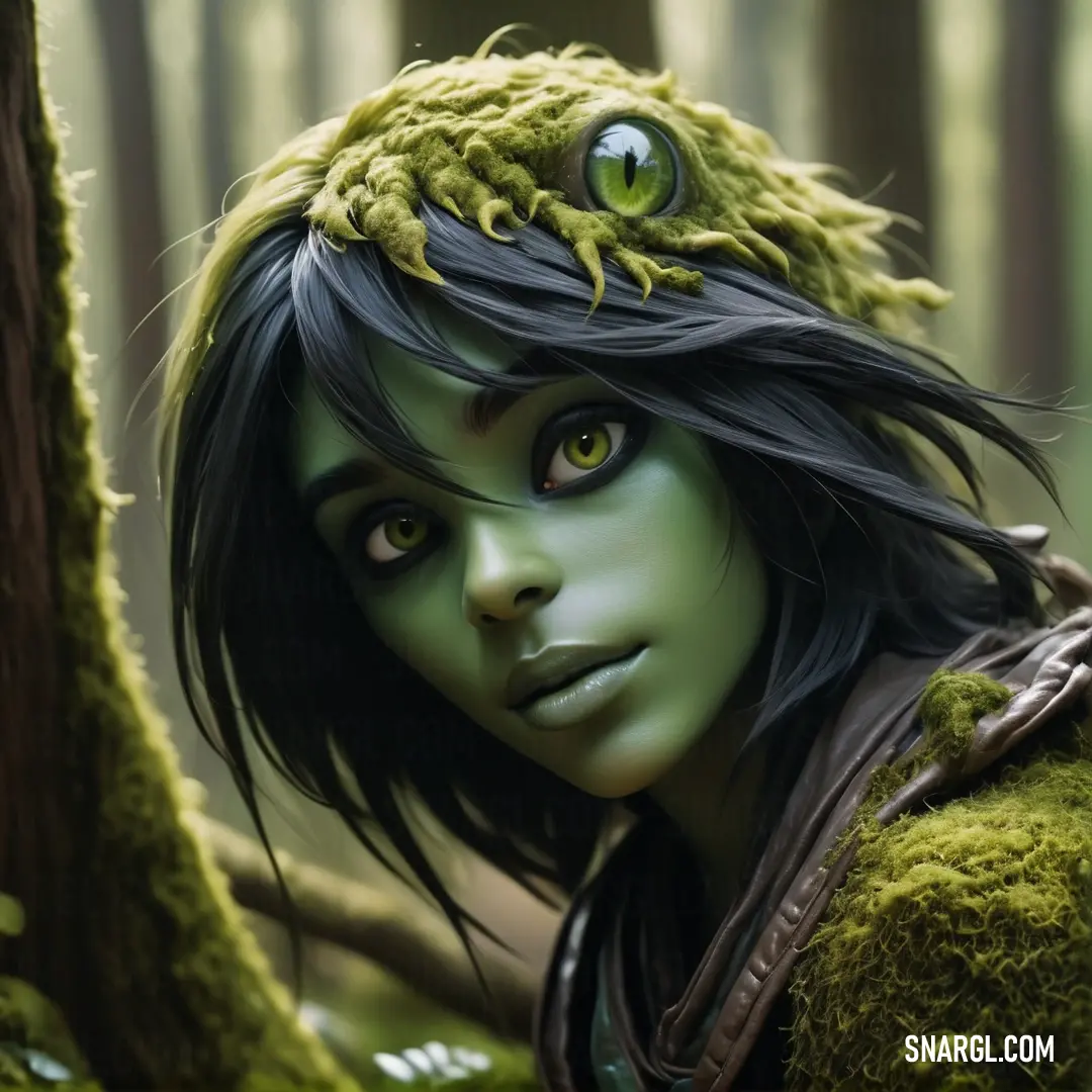 Woman with green hair and a green hat in the woods with moss on her head and eyes. Example of #44763C color.