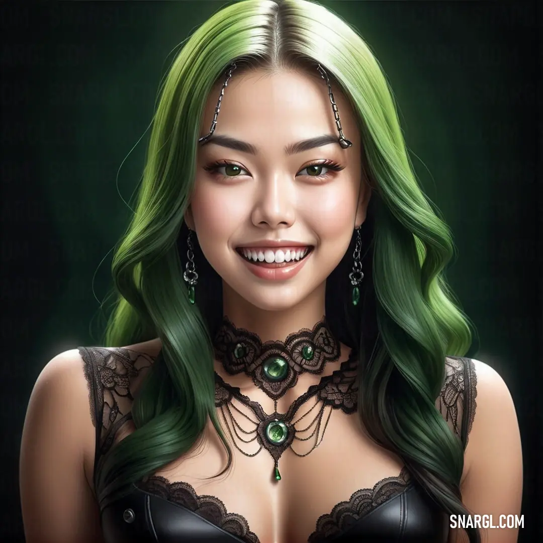 Woman with green hair and a bra top smiling at the camera with a green hair. Example of PANTONE 2265 color.
