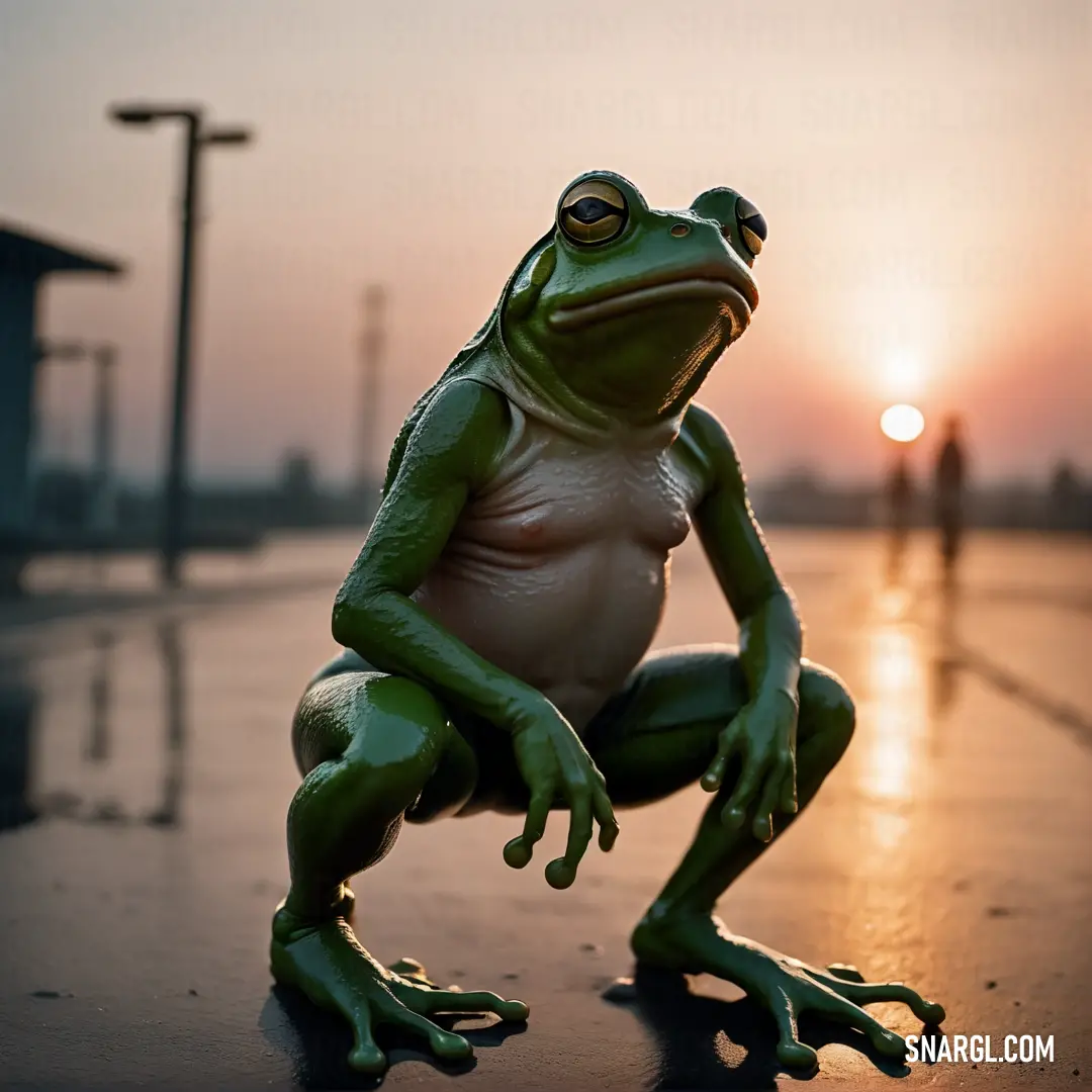Frog on the ground with its legs crossed and eyes closed, with the sun setting in the background. Example of #2D5628 color.