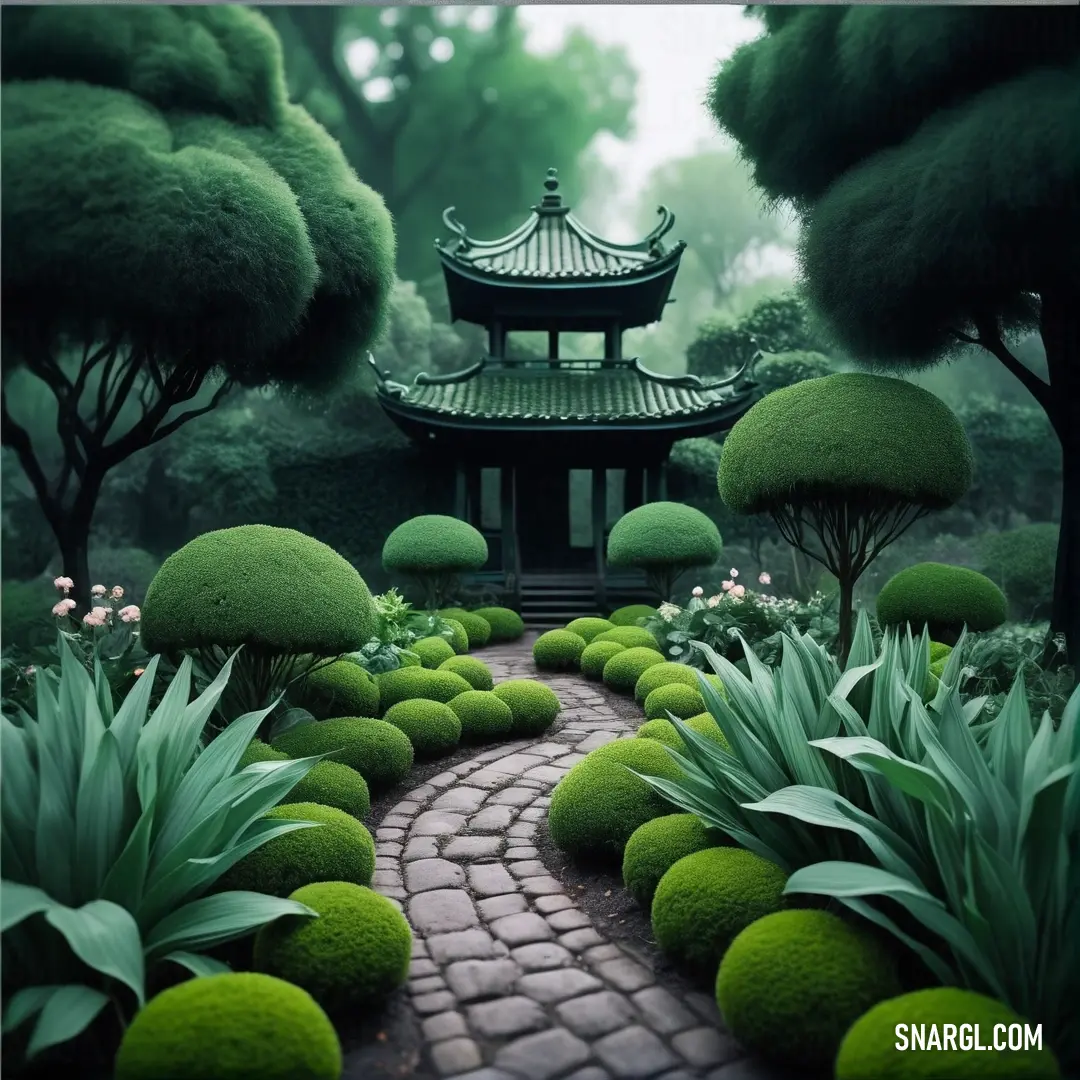 Garden with a pagoda and green plants and flowers on the ground and a brick path leading to it. Color PANTONE 2266.
