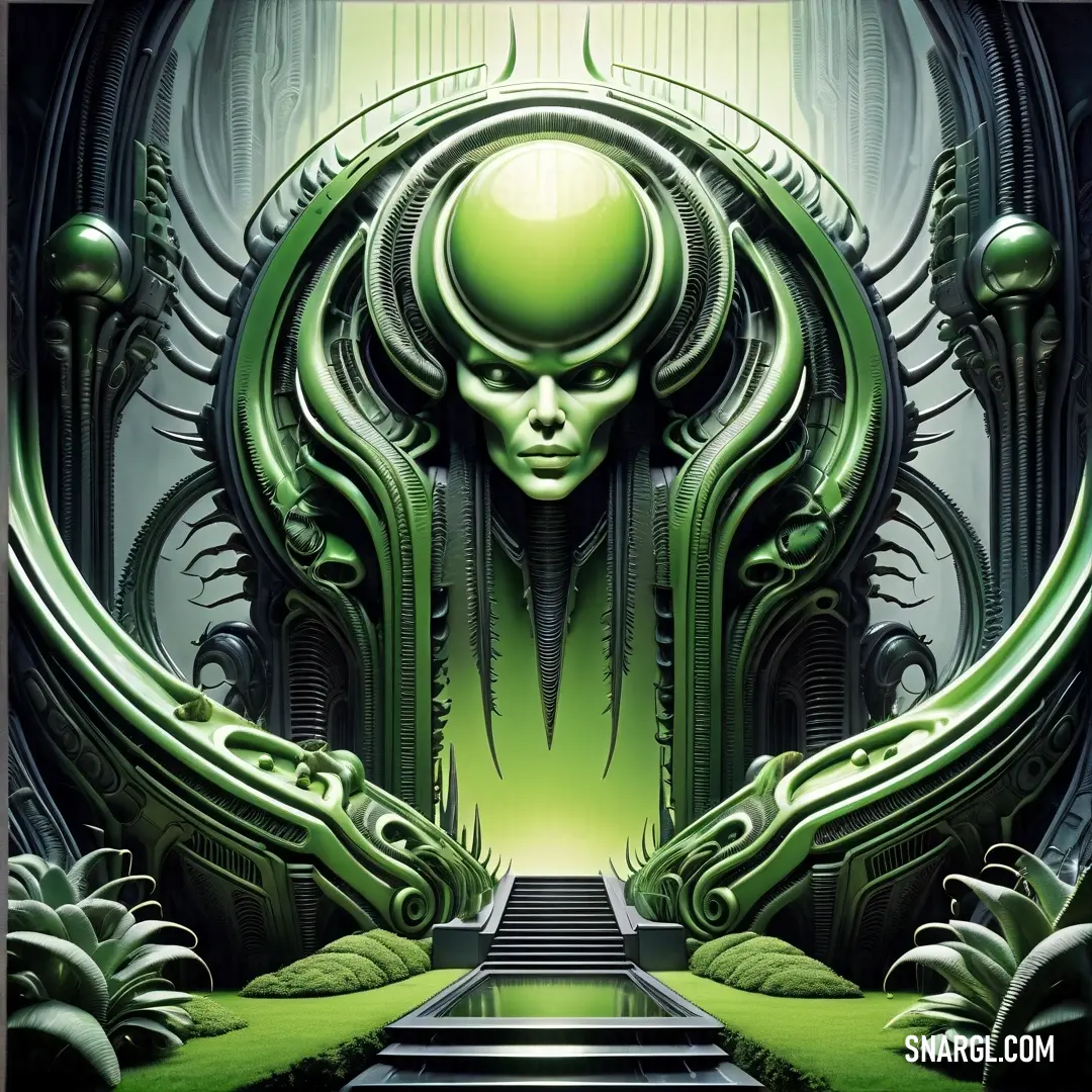 Green alien woman with a staircase leading to a green doorway with stairs leading to it and a stairway leading to the upper level