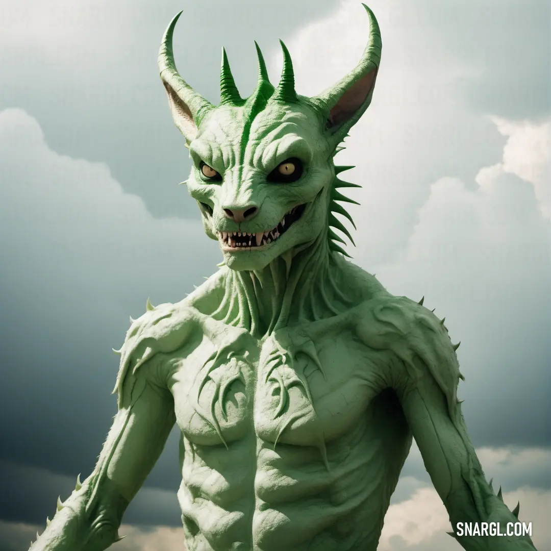 Green creature with horns and a large nose and mouth is standing in front of a cloudy sky with clouds. Example of RGB 144,191,115 color.