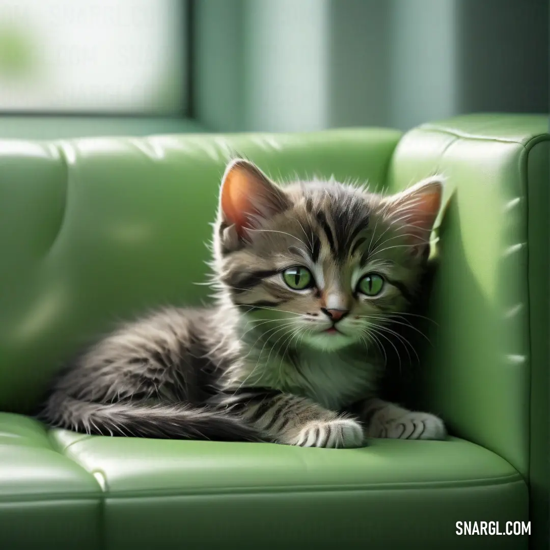 Kitten is on a green leather couch with its eyes open and looking at the camera with a serious look on its face