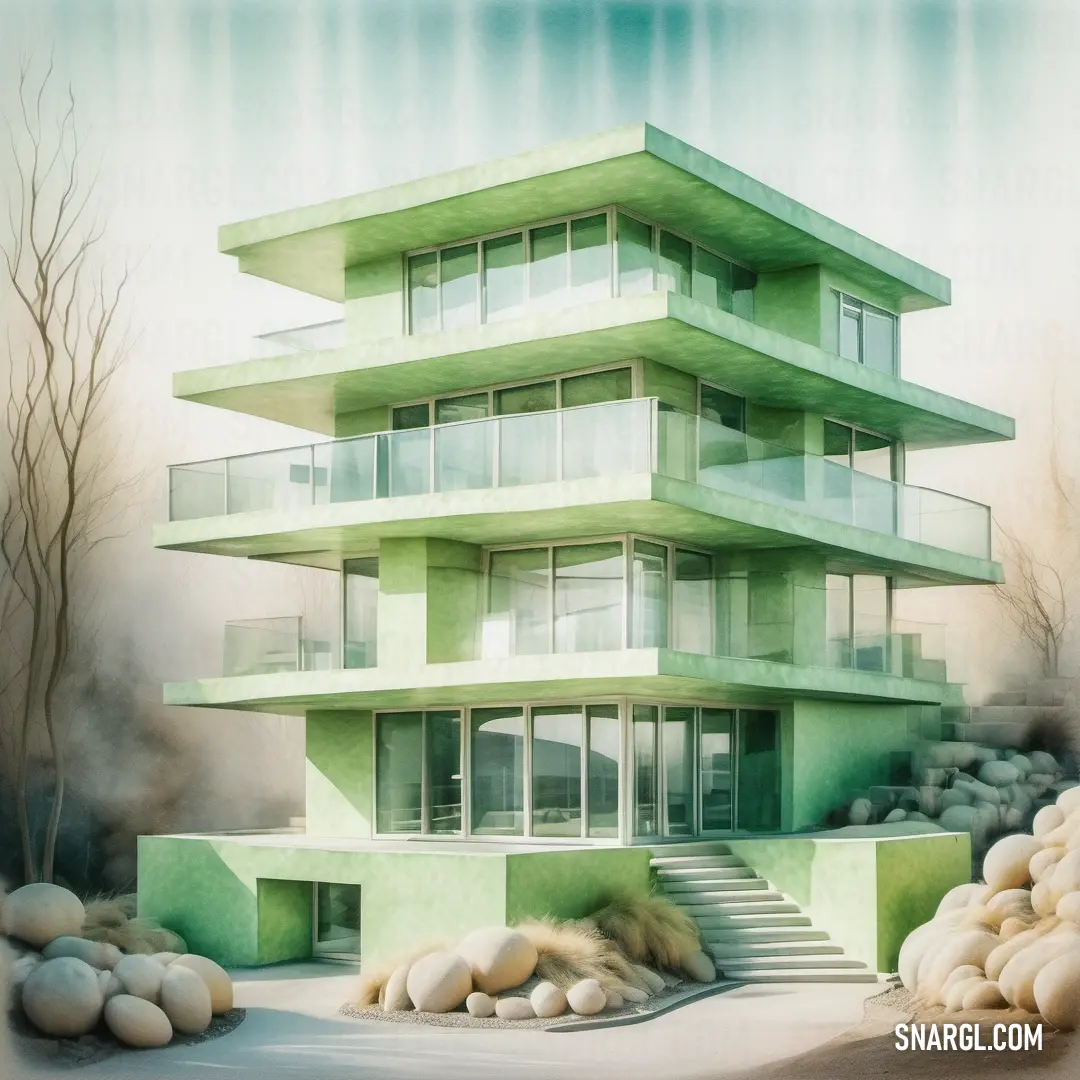 Painting of a building with a staircase going up to it and a few rocks in front of it. Color PANTONE 2269.