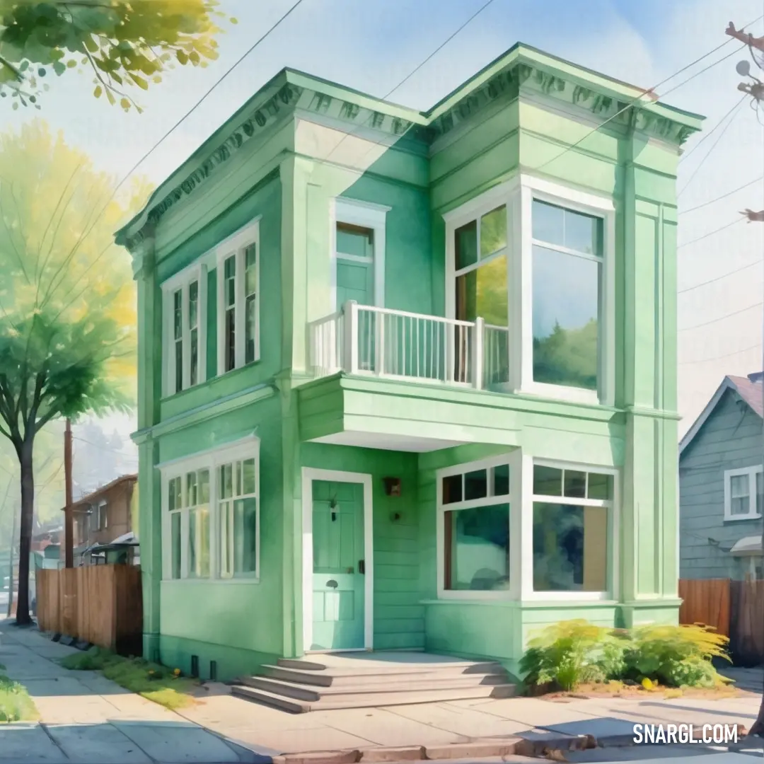 Painting of a green house with a tree in front of it and a street in front of it. Example of #90BF73 color.