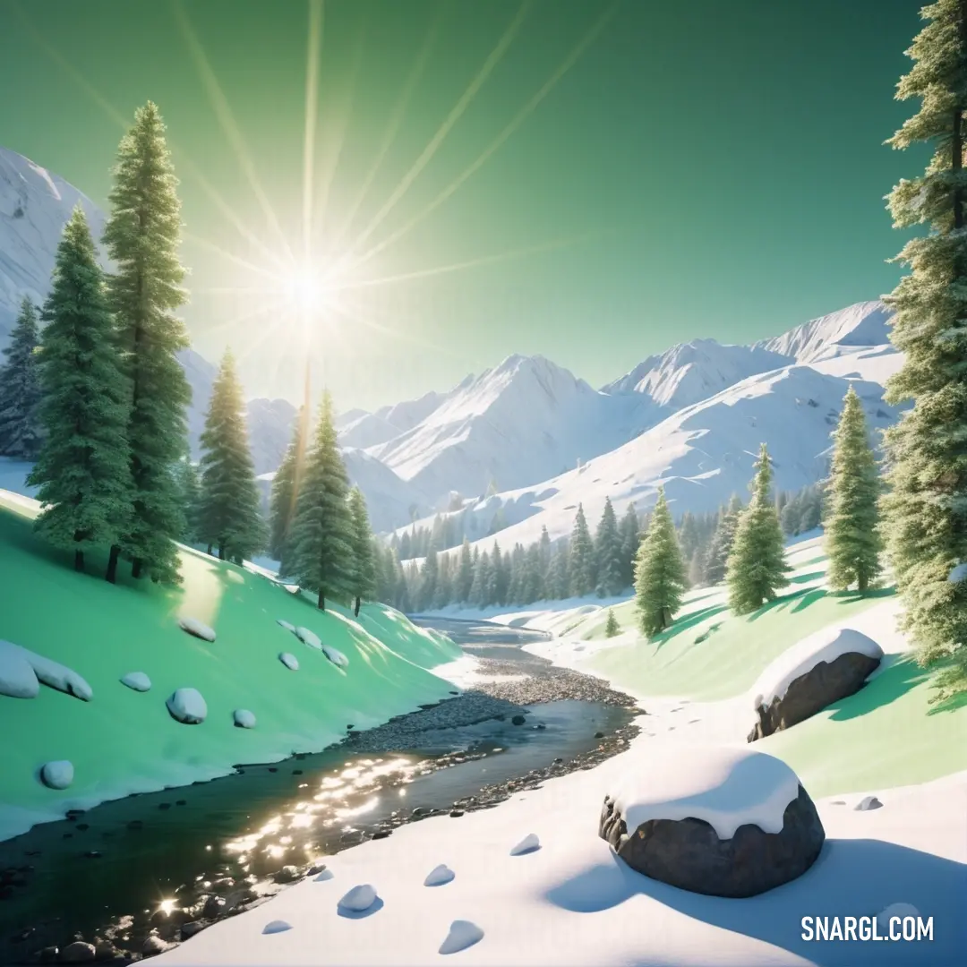 Painting of a snowy mountain landscape with a stream and pine trees in the foreground and a sun shining over the mountains