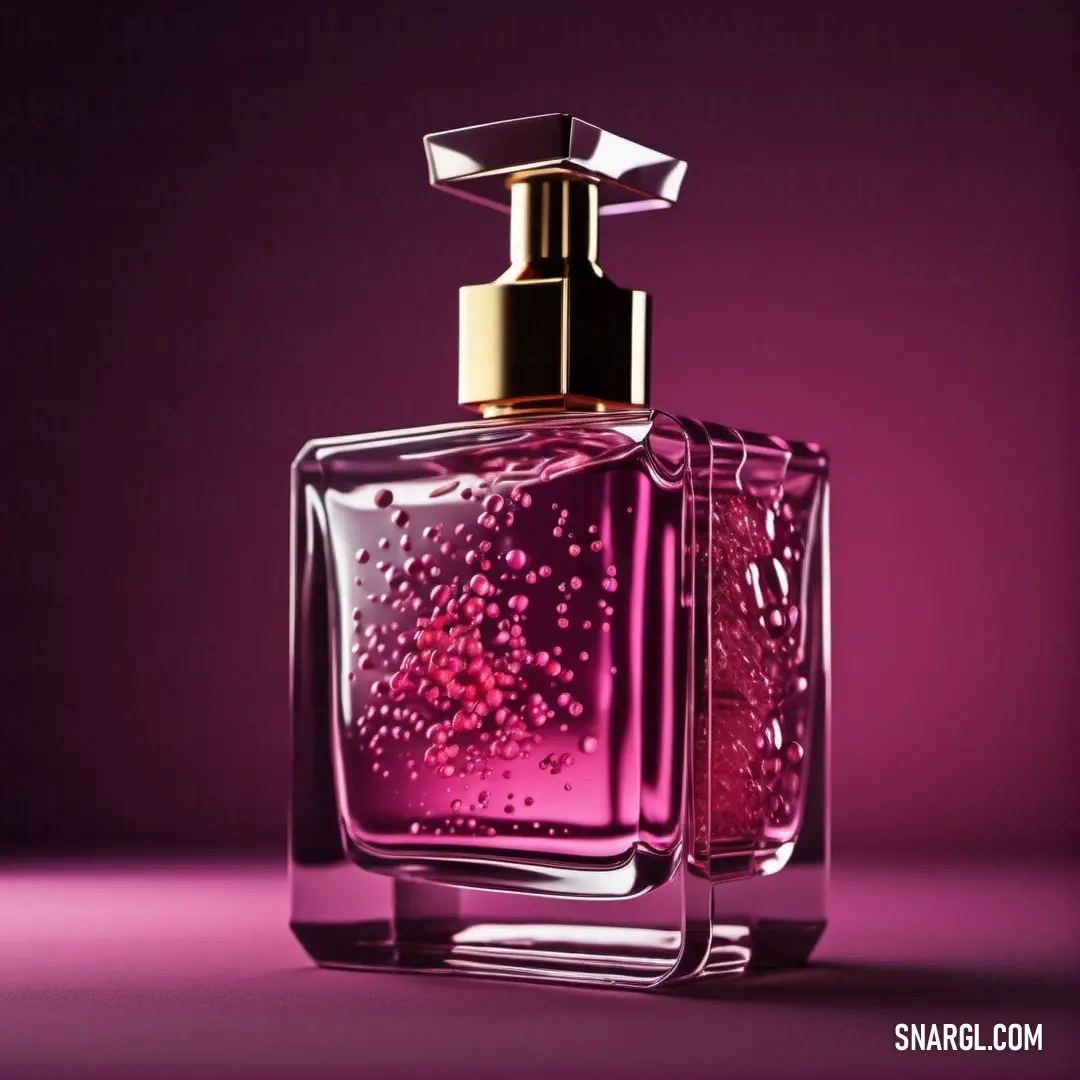 Bottle of perfume with a pink background. Example of PANTONE 227 color.