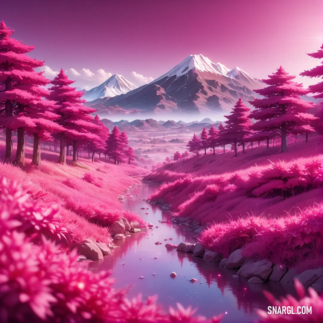 Painting of a pink landscape with a stream and mountains in the background. Example of CMYK 7,100,10,21 color.