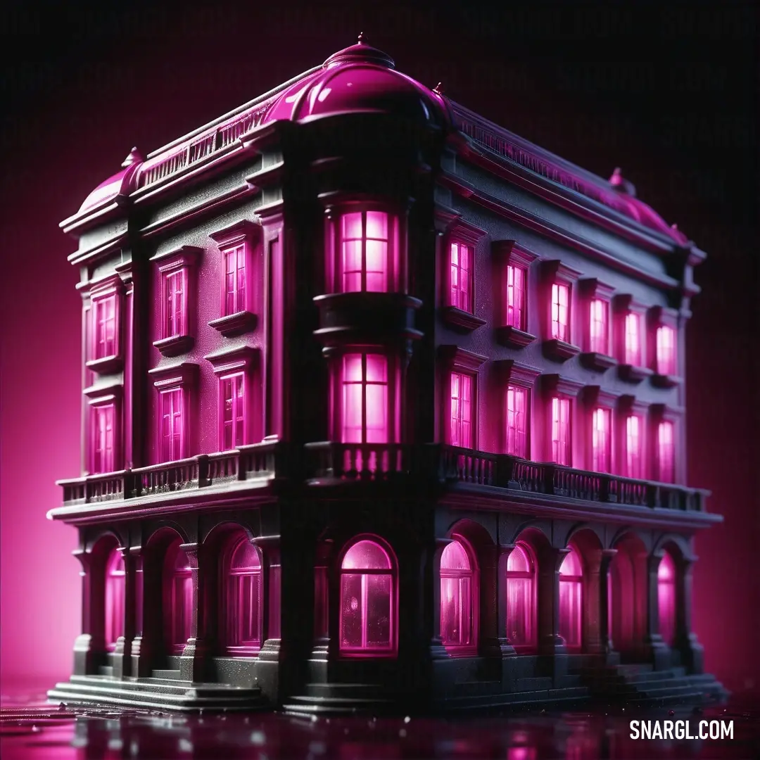 Pink building with a lot of windows and a pink light on it's side and a reflection on the ground. Example of PANTONE 227 color.