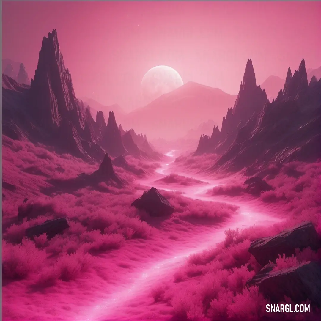 Pink landscape with a path going through it and a moon in the distance above it. Color #AF1C63.