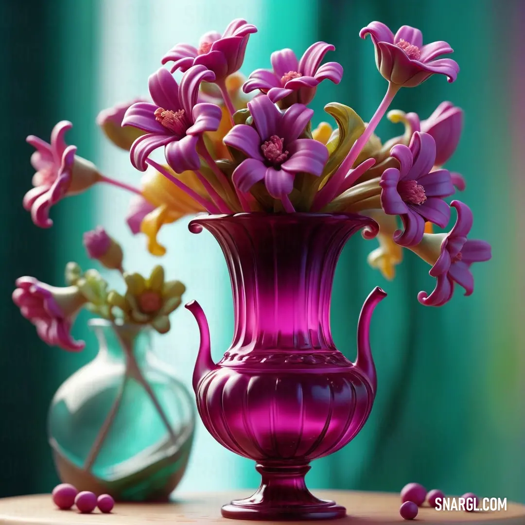 Purple vase with flowers in it on a table next to a vase with flowers in it and a vase with flowers in it. Example of CMYK 7,100,10,21 color.