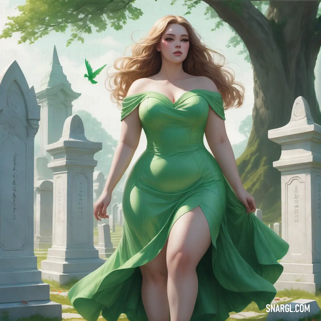 Woman in a green dress walking through a cemetery with a green bird flying by her side